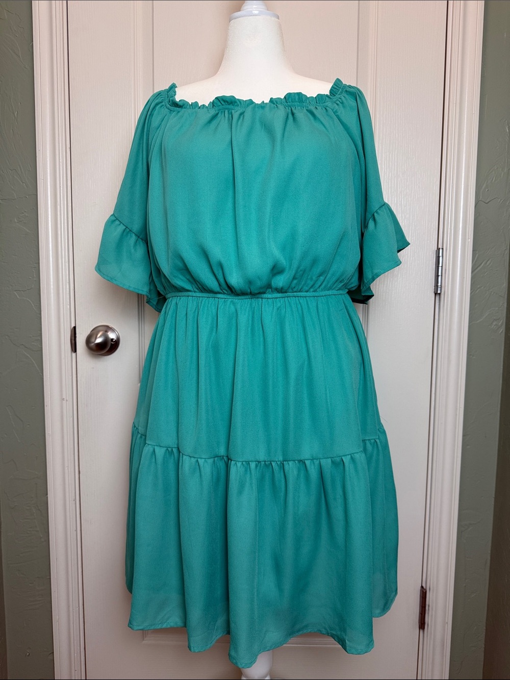 ANDREE BY UNIT Teal Off-Shoulder Tiered Midi Dress Sz 2X EUC